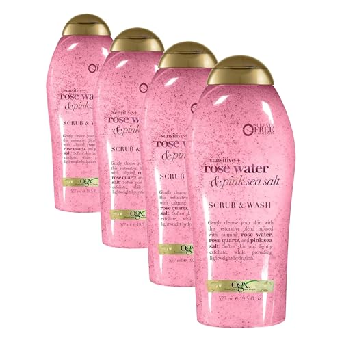 Image of OGX Sensitive + Rose Water & Pink Sea Salt Exfoliating Body Scrub + Rose Quartz,Gentle Exfoliating Daily Body Wash Softens Skin,Body-Scrub for Women,Sulfate-Free Surfactants,19.5 fl oz,(Pack of 4)
