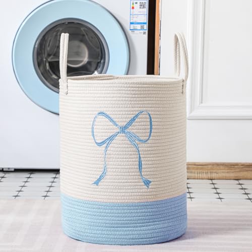 Honeydak Blue Laundry Basket Bow Hamper Coquette Laundry Basket Cotton Rope Blue Hamper 15 x 17.7 Inches Toy Box Large Coquette Bow Teens Girls Room Storage for Blanket Toys Clothes Organization by Honeydak - Image 5