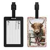 Etiqueta rústica de vaca de las Tierras Altas con corona de hoja perenne para equipaje, bolsa de viaje, maleta, etiquetas de nombre