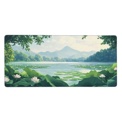 Landschaft Gaming Mauspad XXL 600x300x4mm, Groß Lotus Mousepad Vernähte Kanten Wasserdicht Anti-Rutsch Basis Desk Mat für PC, Laptop Verbesserung der Präzision und Geschwindigkeit der Büroarbeit-GZ309