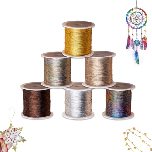 6 Rollos de Cordón Metálico con Purpurina, Hilo Metálico para Manualidades, Hilo Dorado para Crochet, Hilos de Seda para Manualidades, Pulseras, Joyas, Collares, Decoración Navideña 0,4mm X 50M/Rollo