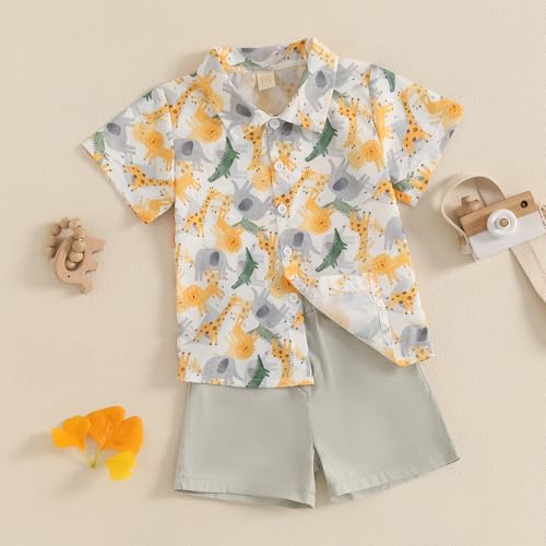 Image of Owl's-Yard Baby Boy Easter Outfits Rabbit Carrot Short Sleeve Button Down Shirts and Solid Color Shorts 2 Pcs Summer Set