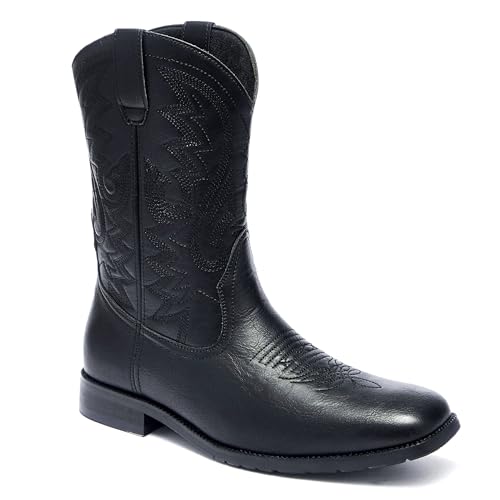 Metrocharm Men's Cowboy Western-02 Embroidered Square Toe Mid-Calf Boots