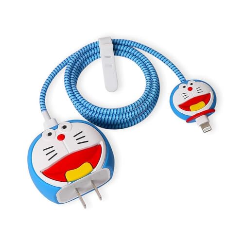 Image of Meyaar Silicone Protective Case for Apple 20W & 18W iPhone USB-C Power Adapter Charger and for USB Lightning Cable, 3D Cartoon Case for iPhone Charger 18W /20W Only (Dore.mon (Blue))