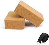 Cork Yoga Blocks, 2 Pack, with 1 Black Yoga Strap, 9”x6”x3”, High Density Solid Natural Cork Yoga Br
