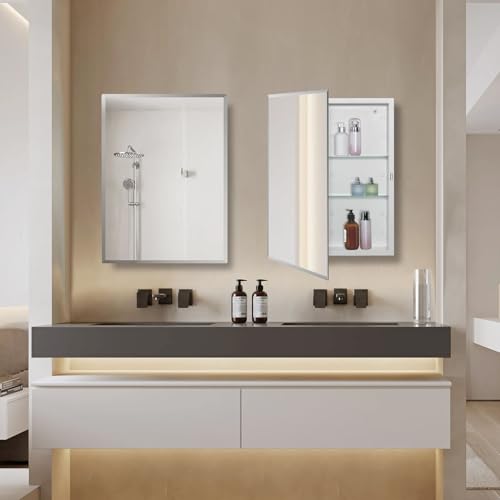 IDYLLOR Bathroom Medicine Cabinet with Beveled Edge Mirrored Door 15 x 24 inch, Recessed or Surface Mount, with Adjustable Glass Shelves - Thumbnail 2