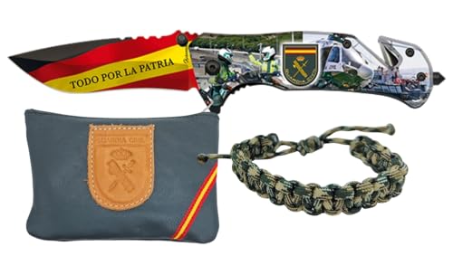 Navaja Guardia Civil Todo Por La Patria + Monedero De Piel Artesanal + Pulsera Paracord Ajustable | Hoja Acero 3Cr13MoV | Corta Cinturón, Rompecristales y Mango Aluminio | Caja Regalo (Guardia Civil)