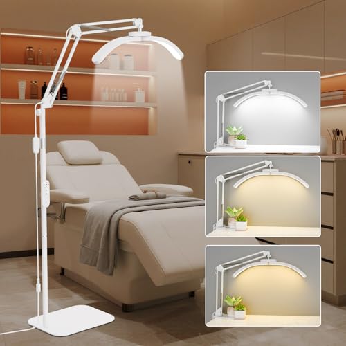 Lmaqfum Lampara LED Profesional Media Luna 2 en 1 de Pie y Mesa, Luz Regulable 3000K-6500K con Mando a Distancia, Altura Ajustable y Plegable para Extensiones de Pestanas, Maquillaje y Belleza,Blanco