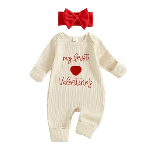 My First Valentines Baby Girl Outfit Newborn Love Onesie Waffle Knit Sweater Romper Jumpsuit Cute Infant Clothes (My First Valentines Cream Newborn)