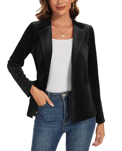 LADI TREND Women's Velvet Jackets Suit Two Buttons Long Sleeve Lapel Blazers Cardigans Work Office Outfits with Pockets *Black,Size XL*