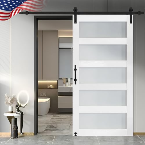 S&Z TOPHAND® 42 in x 84 in Glass Sliding MDF Barn Door with 8FT Sliding Door Hardware Kit, 5...