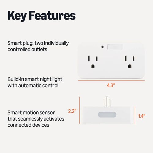 Image of Amazon Basics Dual Smart Plug with Motion Sensor and Night Light, Works with Alexa Only, Control from Anywhere, Automatic Control, 2.4 GHz Wi-Fi, No Hub Required, 4.33 x 2.36 x 1.38 in, White