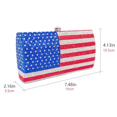Image of National Flag Evening Clutch Rhinestone Purse for Women, USA Flag Crystal Shoulder Bag, Blue Red