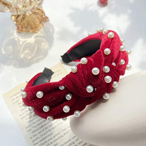 Haloty Pearl Velvet Wide Headbands Knotted Head band Vintage Head Wrap Faux Elastic Hair Hoops Turban Hairband Fashion Cross Knot Hair Accessories for Women and Girls (Red)