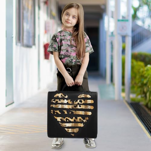 Image of 3 Ring Zipper Binder with Shoulder Strap Leopard Skin Golden Heart 1.5 inch Binders Keeper Large Capacity Multi Pockets for School Office Supplies
