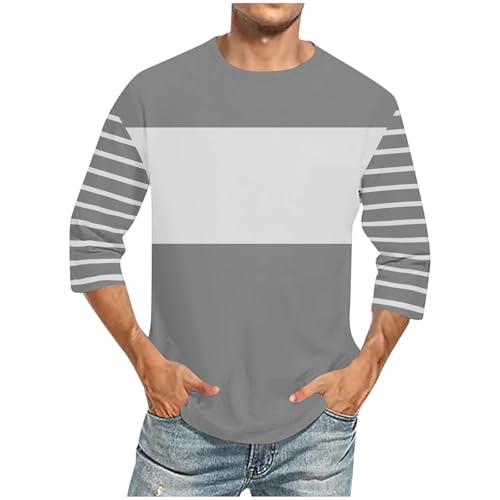 3/4 Sleeve Tops for Men Fashion Color Block Striped Crewneck T Shirts Summer Casual Loose Comfy Beach Sport Tees