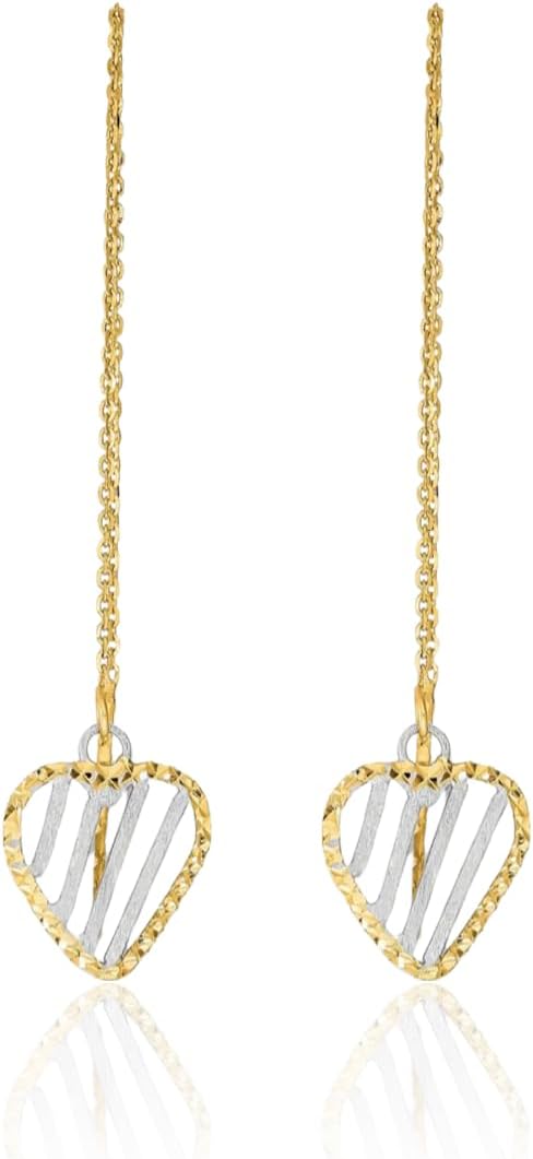 IceCarats 14K Solid Yellow Gold Long Heart Threader Dangle Earrings 45mm 1 3/4 inch Diamond Cut For Her