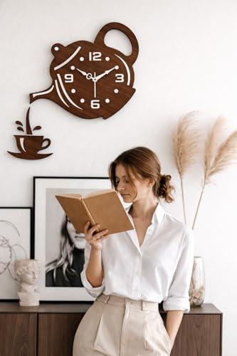 Image of cozyloom Tea Time Theme Creative Wooden Wall Clock | Teapot & Cup Cutout Design | Elegant Kitchen Decor & Gift | Dark Brown.