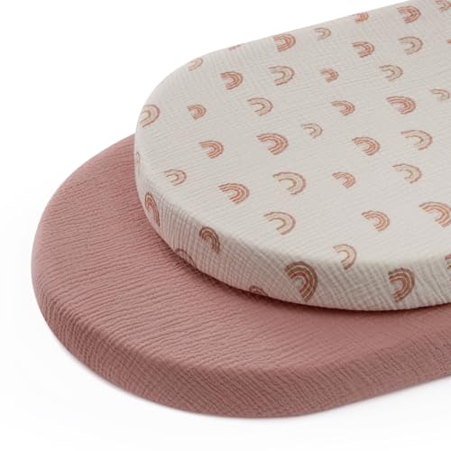 Image of Blissful Diary Muslin Bassinet Sheets for Baby Girls Boys, Boho Soft Cotton Fitted for Oval Hourglass Rectangle Mattress, 2 Pack(Dusty Pink&Rainbow)