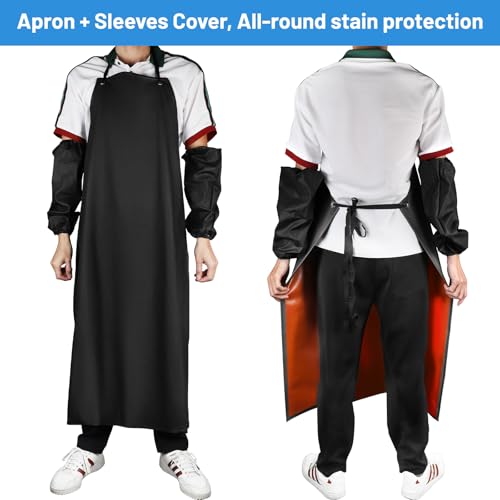 DBREAKS Unisex Schürze Metzgerschürze Arbeitsschürze mit Ärmelschützer, PVC Wasserdicht Schürzen, Gummischürze, Ölresisten Schürze, Latzschürzen Gastronomie, Industrial Apron, Metzgereibedar, Schwarz