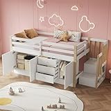 LAKFEW Etagenbett Kinderbett 90x200 cm, Einzelbett Holzbett mit Treppe, Schubladen und Stauraum, Hochbett Stauraumbett mit Rausfallschutz, Bett mit Lattenrost, ohne Matratze, Weiß