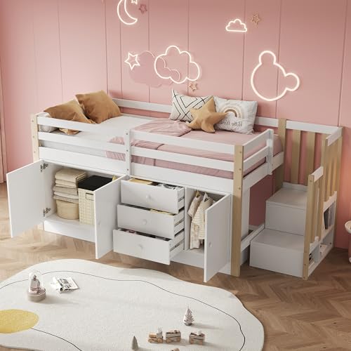 LAKFEW Etagenbett Kinderbett 90x200 cm, Einzelbett Holzbett mit Treppe, Schubladen und Stauraum, Hochbett Stauraumbett mit Rausfallschutz, Bett mit Lattenrost, ohne Matratze, Weiß LAKFEW Etagenbett Kinderbett 90x200 cm, Einzelbett Holzbett mit Treppe, Schubladen und Stauraum, Hochbett Stauraumbett mit Rausfallschutz, Bett mit Lattenrost, ohne Matratze, Weiß