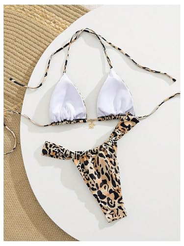 Women's Leopard Print High Cut Swimsuits 2 Piece Tie Backless Halter Triangle Bikini Set Cheetah Bathing Suits2