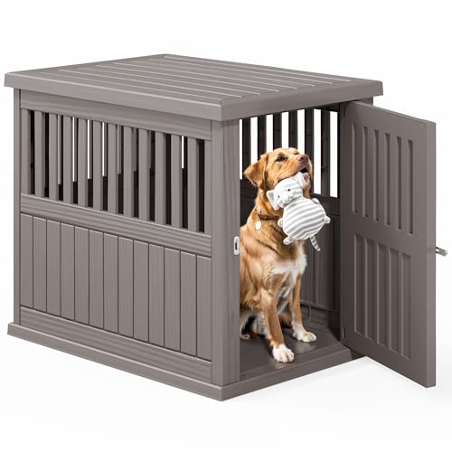 Fancyango 40-Inch Heavy Duty Dog Crate Furniture Lockable Indoor Outdoor Kennel & End Table for Small/Large Dogs Decorative Plastic Pet Cage in Grey