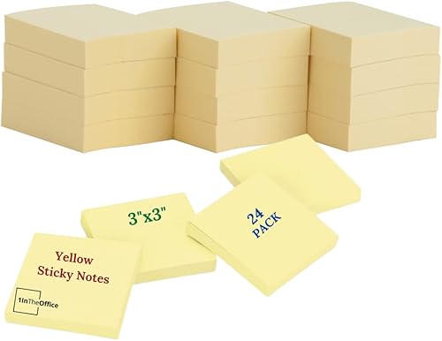 1InTheOffice Notas adhesivas de 3 x 3, notas adhesivas desplegables, notas adhesivas amarillas, 100 hojas/paquete, 24 unidades