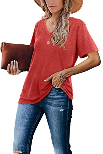 Womens Tshirts V Neck Short Sleeve Loose Fit Tunic Tops Red M #TOP2