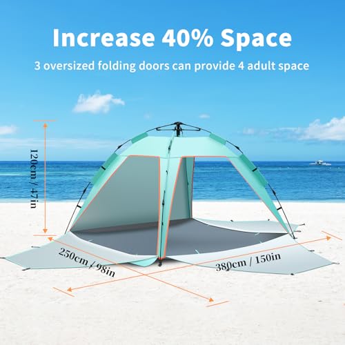 3-4 Person Instant Strand Zelt Pop Up Automatisches Strandzelt, Extra großes Tragbar Strandmuschel mit 3 erweiterbare Türen, UPF 50+ Easy Setup Sonnenschutz für Picknick, Strand,Familien