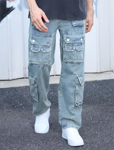 Mens Baggy Cargo Jeans Wide Leg Streetwear Jeans Loose Fit Hip Hop Denim Pants2