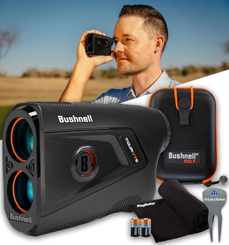 Image of Bushnell Golf Tour V7 Shift Laser Rangefinder Bundle - Slope Technology, Dual Color Display, Yardage Range Recall, 1300-Yard Range & 6X Magnification with PlayBetter Microfiber Towel & CR2 Battery
