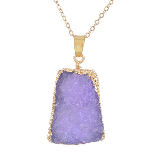 MJartoria Gold Color Grey Bezel Oval Shape Natural Stone Pendant Healing Druzy Necklace (purple)