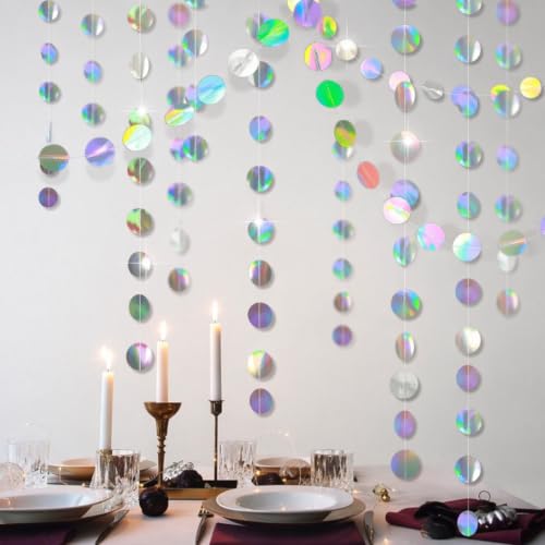 Image of 52Ft Iridescent Circle Dot Streamer Garland Decorations, Rainbow Twinkle Paper Chains Backdrop for Disco Party Decorations, Birthday, Wedding, Hanging Stars Bunting