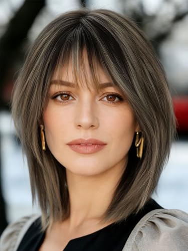 Webshaiy Layered Bob Wig with Fringe, Short Straight Wig wit