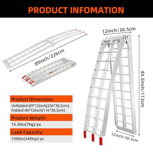 Loezora Heavy Duty 1500lbs Folding Motorcycle Ramp for Pickup Trucks & Trailers, 89"x13" Loading Ramp with Secure Load Straps, Compatible with Dirt Bike, UTV, ATV, Lawn Mower, Snowblower (2-Packs) by Loezora - Image 2