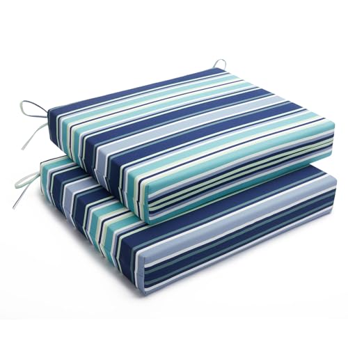Image of Basic Beyond Outdoor Chair Cushions Set of 2, Square Corner Outdoor Cushions for Patio Furniture, Water Resistant Patio Chair Cushions with 2 Ties, 18.5x16x3, Pinstriped Blue