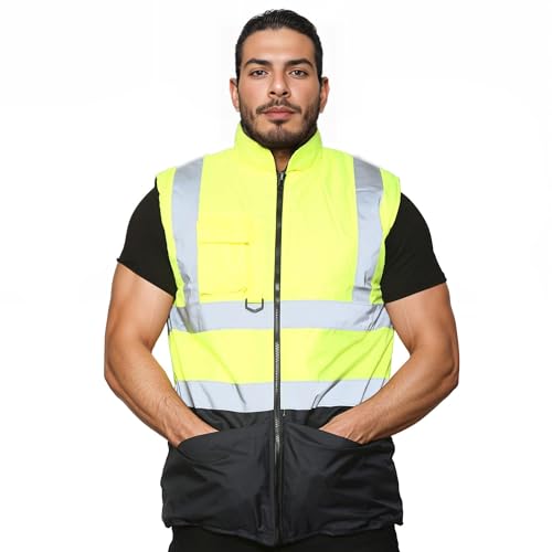 Dolce Fashions® High Visibility Bodywarmer Fleece Lined Reversible Gilet Jacket Adults Hi Vis Waterproof Workwear Security Safety Wear Warm Sleeveless Waistcoat Body Warmer Vest Top (Yellow-Navy, M)