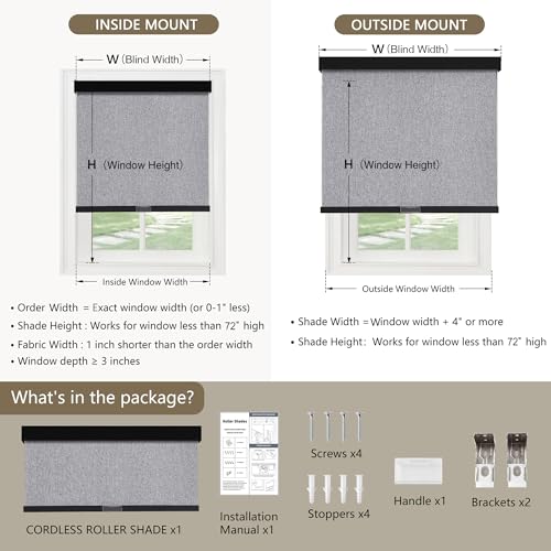 Image of SUNOFF Cordless Blackout Roller Shades for Windows,36.5 inch W x 72 inch H,Heather Grey