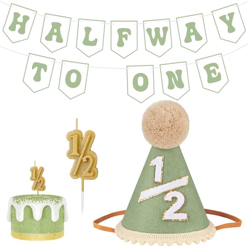 Booson 1/2 Birthday Boy Half Birthday Decorations Half Way to One Banner 1/2 Cone Hat Number Candles for Baby Boy Girls Six Months Decorations Party Supplies Outfit