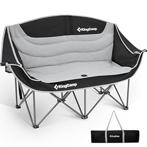 KingCamp Double Camping Chair, Oversized 660lbs Heavy Duty Loveseat for Adults Portable Folding XL 2 Person Couch Padded Comfortable Two Seat with Cup Holder for Outdoor Lawn Backyard, Black/Grey