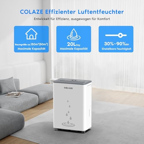 Bild 2 - COLAZE Luftentfeuchter 20L/24H, Luftentfeuchter Elektrisch Raumgröße ca.150m³(50m²), Leise Entfeuchter elektrisch, Raumentfeuchter elektrisch für Wohnung, Keller, Wohnzimmer