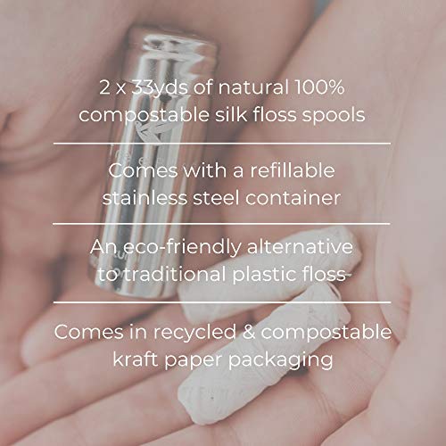 Biodegradable Dental Floss | Refillable & Reusable Zero Waste Steel Dispenser | 2X33Yd Waxed Natural Cruelty Free Peace Silk Spools | 100% Compostable | Eco Friendly Plastic Free Oral Care #TOP3