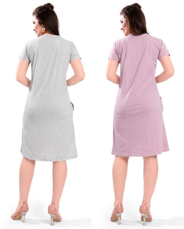 Image of Printed Knee Length Pocket Night Dresses for Women | Cat Lover | Premium Soft Cotton Nighty | Blue and Maroon