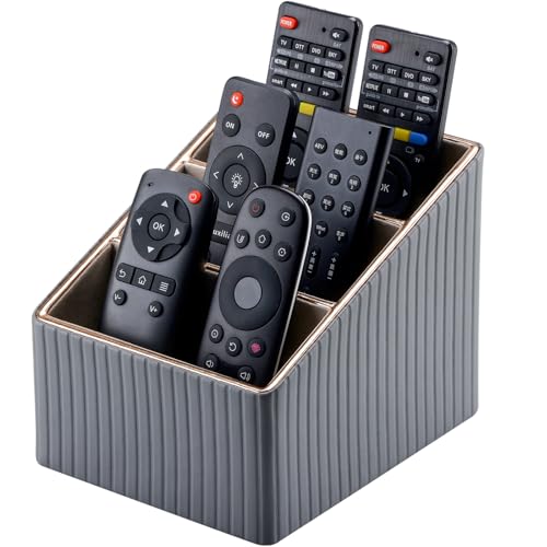 KINGFOM Remote Control Holder, PU Leather TV Remote Holder for Nightstand/Bedside, Remote Caddy with 3 Compartments, Office Desk Organiser Pen Pencil Pot Holder for Desk (Gray)