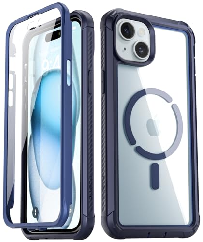 Poetic Guardian MagPro Case for iPhone 15 6.1 Inch,[Compatible with MagSafe][20 FT Mil-Grade Drop Tested] Full-Body Shockproof Rugged Clear Cover with Built-in Screen Protector, Blue/Clear