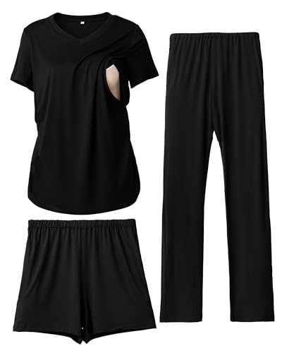 Image of Rnxrbb 3 Piece Women's Maternity Nursing Pajamas Set V Neck Breastfeeding Pjs Sleepwear Postpartum Shorts&Pants Pockets