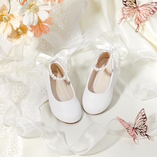PHIRAMIN Toddler Flower Girl Faux Leather White Dress Shoes - Little Girl Ballet Flats Size 11 Pearl Wedding Party by PHIRAMIN - Used condition - Image 2