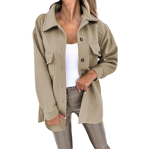 Image of Womens Teddy Jacket Coat Fleece Sherpa Tops Fashion Lattice Lapel Overcoat Button Long Sleeve Loose For Women's Winter Jacket For Women Solid Color Lapel Fuzzy Outwear for Winter (Khaki, L)